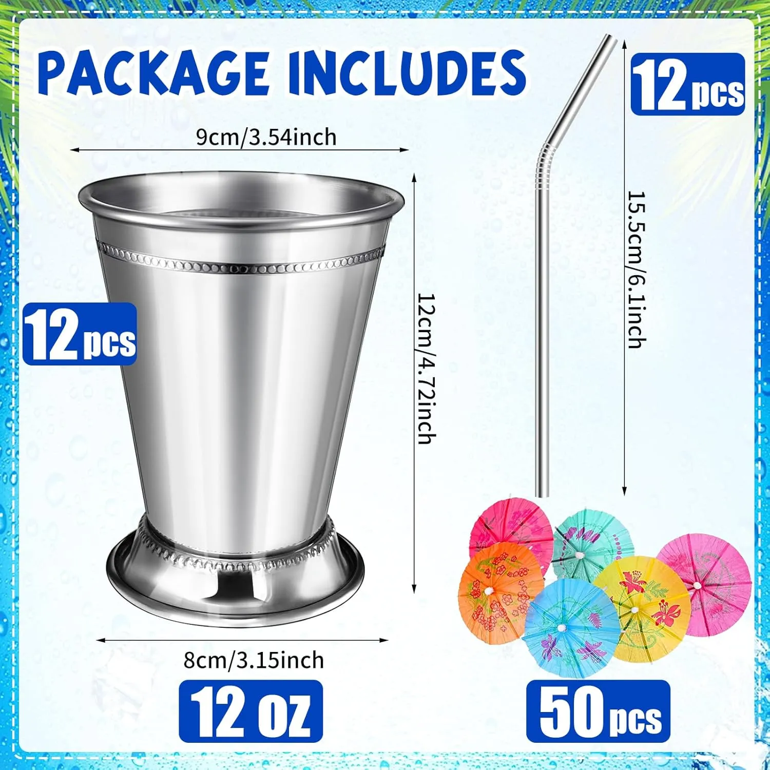 12 Sets Mint Julep Cups Silver with Straws 12 oz Stainless Steel Drinking Cups Beaded Mint Julep Cups Metal Cocktail Glasses with Straws and Drink Picks for Mint Julep Cocktails Beer Juice Beverage