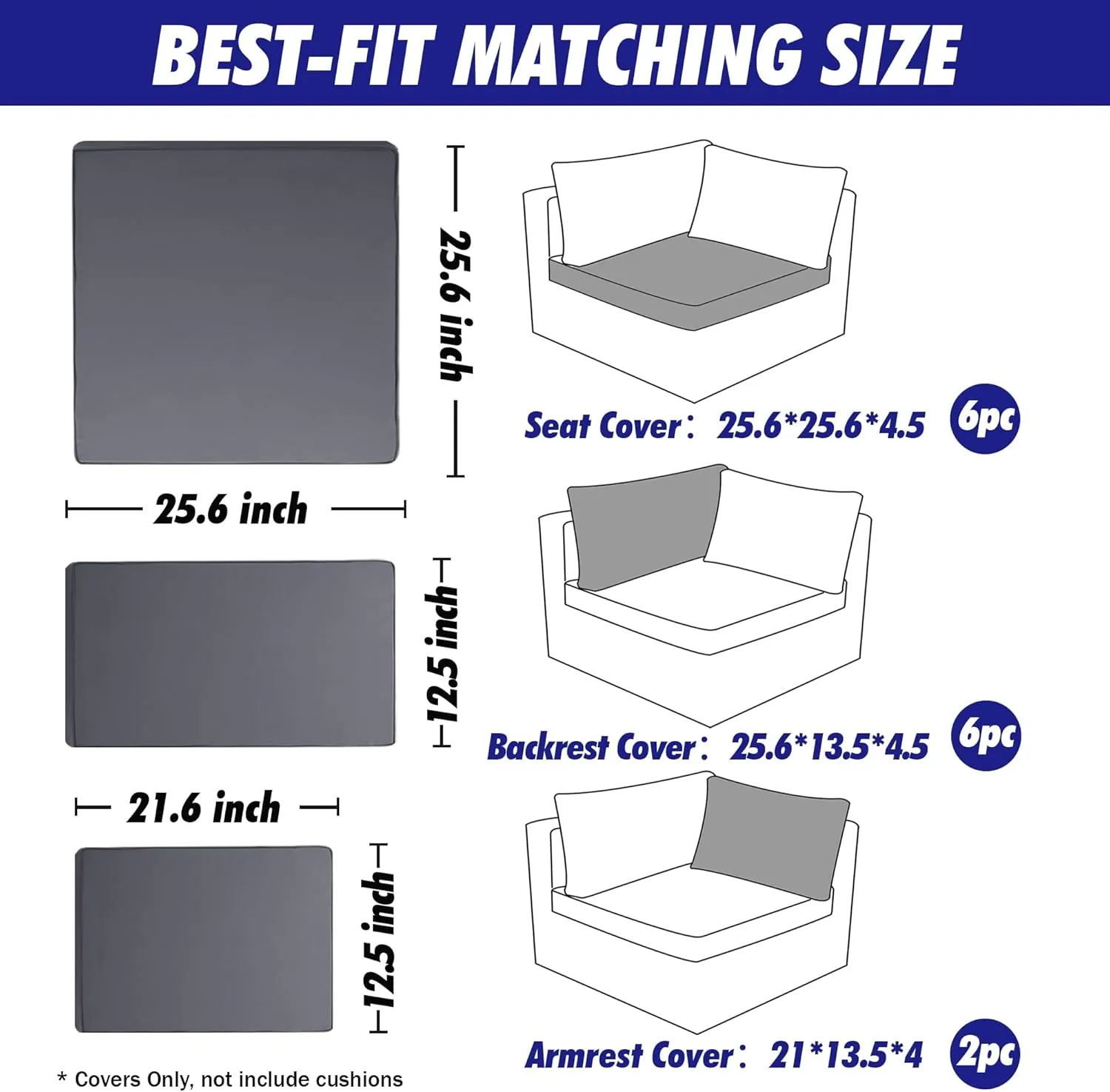 14 Pack Patio Cushion Covers Set Outdoor Cushion and Pillow Replacement for 7 Pieces 6 Seater Funiture Conversation Set Sectional Waterproof Patio Cushion Slipcovers Set Dark Grey COVERS ONLY