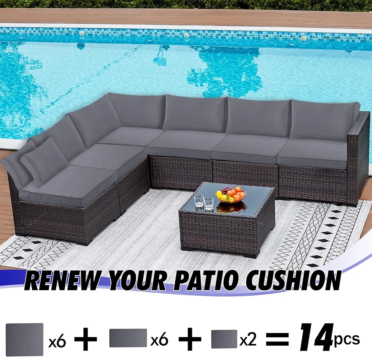 14 Pack Patio Cushion Covers Set Outdoor Cushion and Pillow Replacement for 7 Pieces 6 Seater Funiture Conversation Set Sectional Waterproof Patio Cushion Slipcovers Set Dark Grey COVERS ONLY