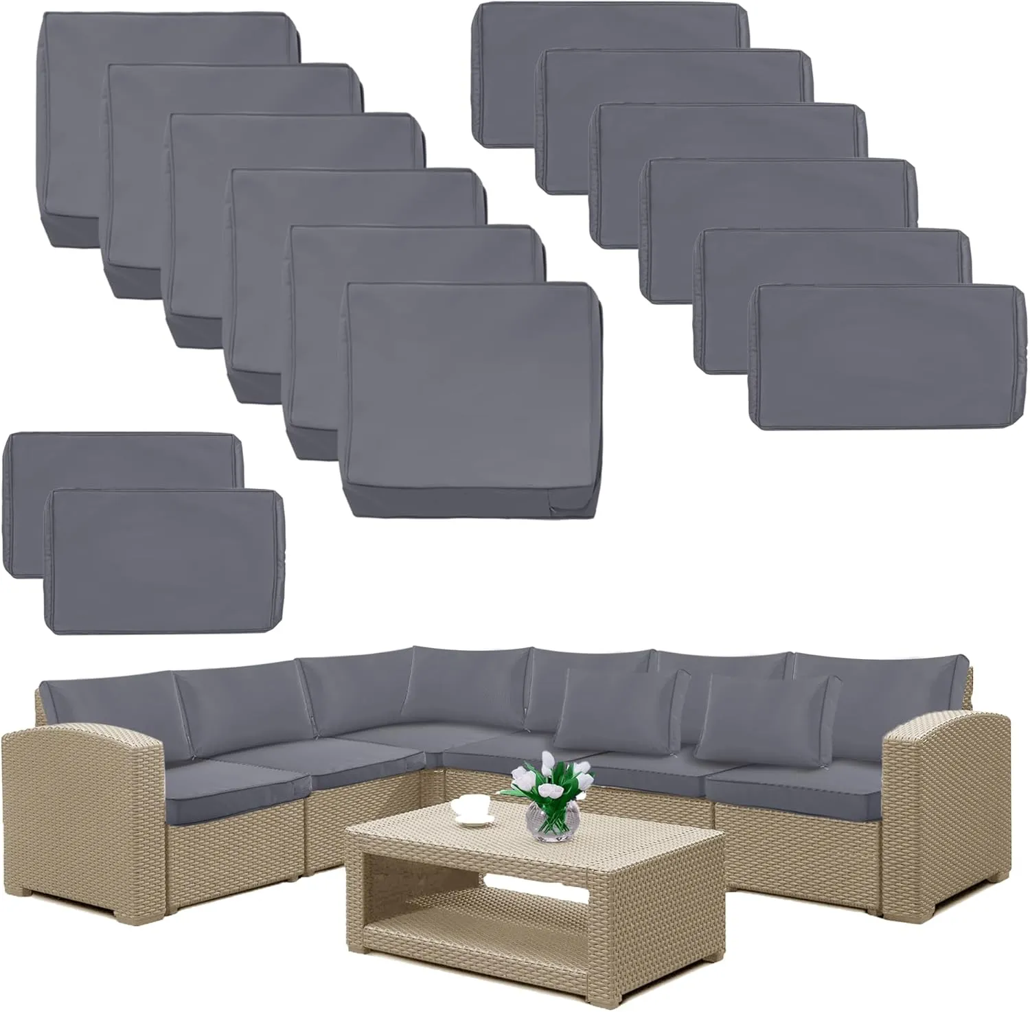 14 Pack Patio Cushion Covers Set Outdoor Cushion and Pillow Replacement for 7 Pieces 6 Seater Funiture Conversation Set Sectional Waterproof Patio Cushion Slipcovers Set Dark Grey COVERS ONLY