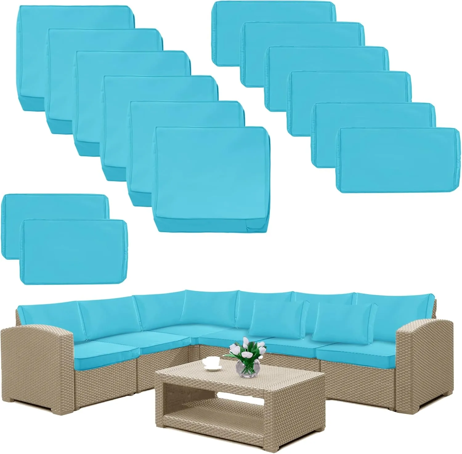 14 Pack Patio Cushion Covers Set Outdoor Cushion and Pillow Replacement for 7 Pieces 6 Seater Outdoor Furniture Sofa Waterproof Cushion Slipcovers Set for Wicker Rattan Sofa Teal COVERS ONLY