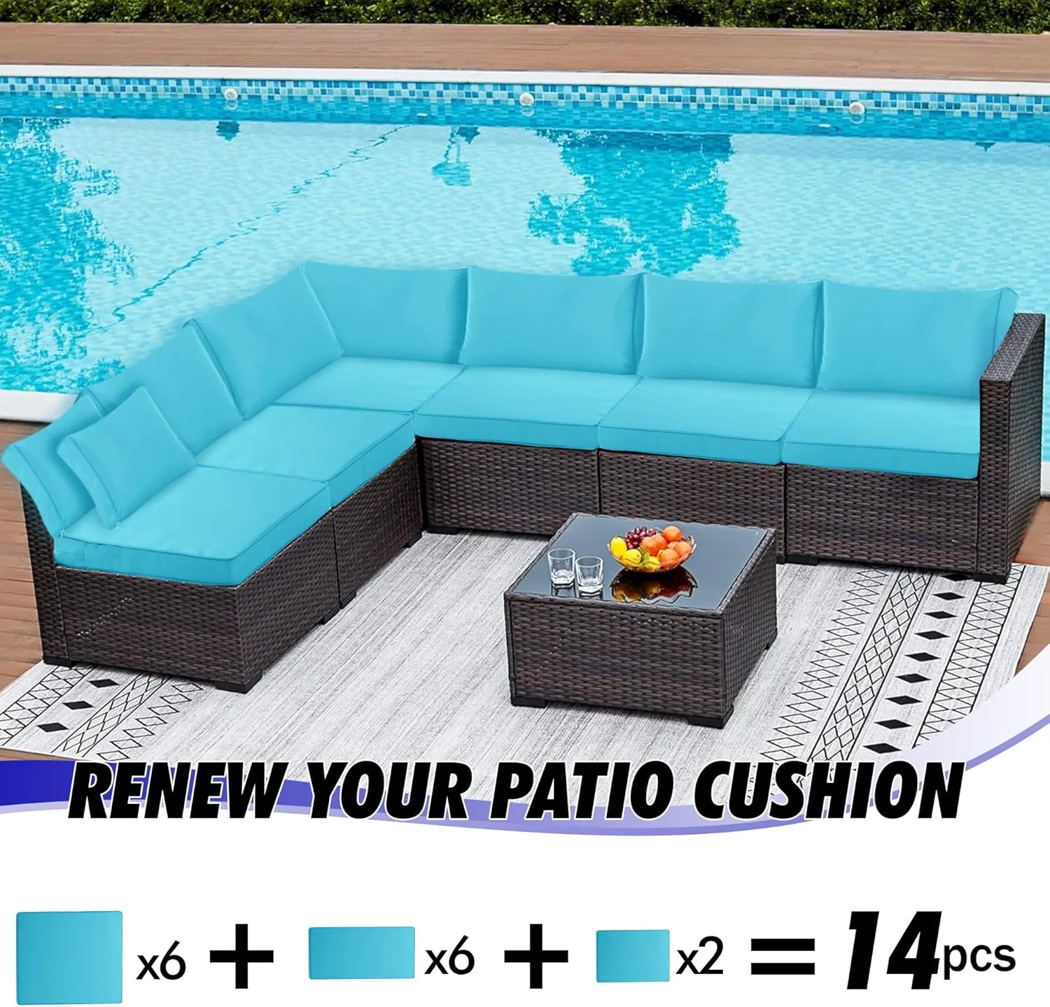 14 Pack Patio Cushion Covers Set Outdoor Cushion and Pillow Replacement for 7 Pieces 6 Seater Outdoor Furniture Sofa Waterproof Cushion Slipcovers Set for Wicker Rattan Sofa Teal COVERS ONLY