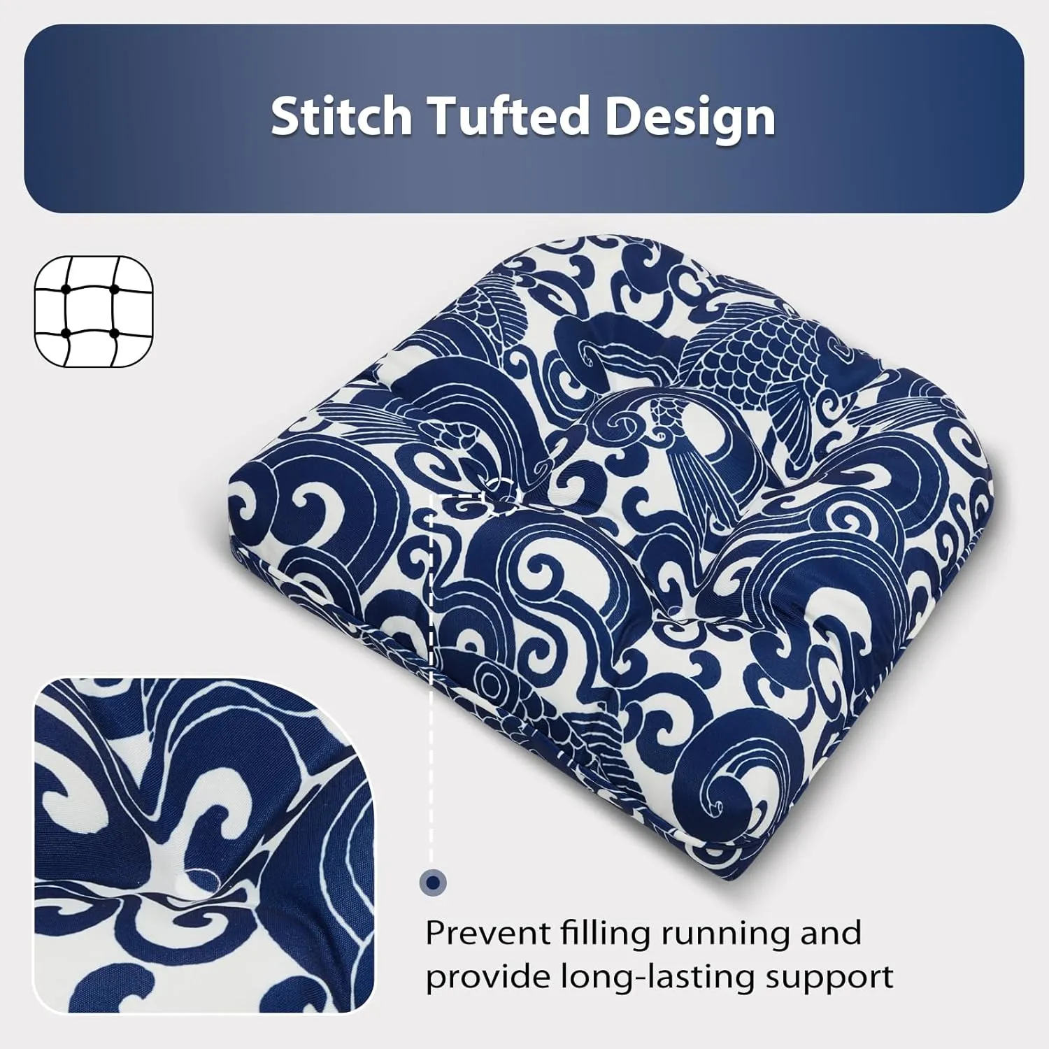 19x19 Outdoor Chair Cushions Set of 2, Wicker Patio Furniture Cushions with Tufted Buttons, Thick Outdoor Seat Cushions for Lawn Chairs, Overstuffed and Water Resistant, Blue Carp