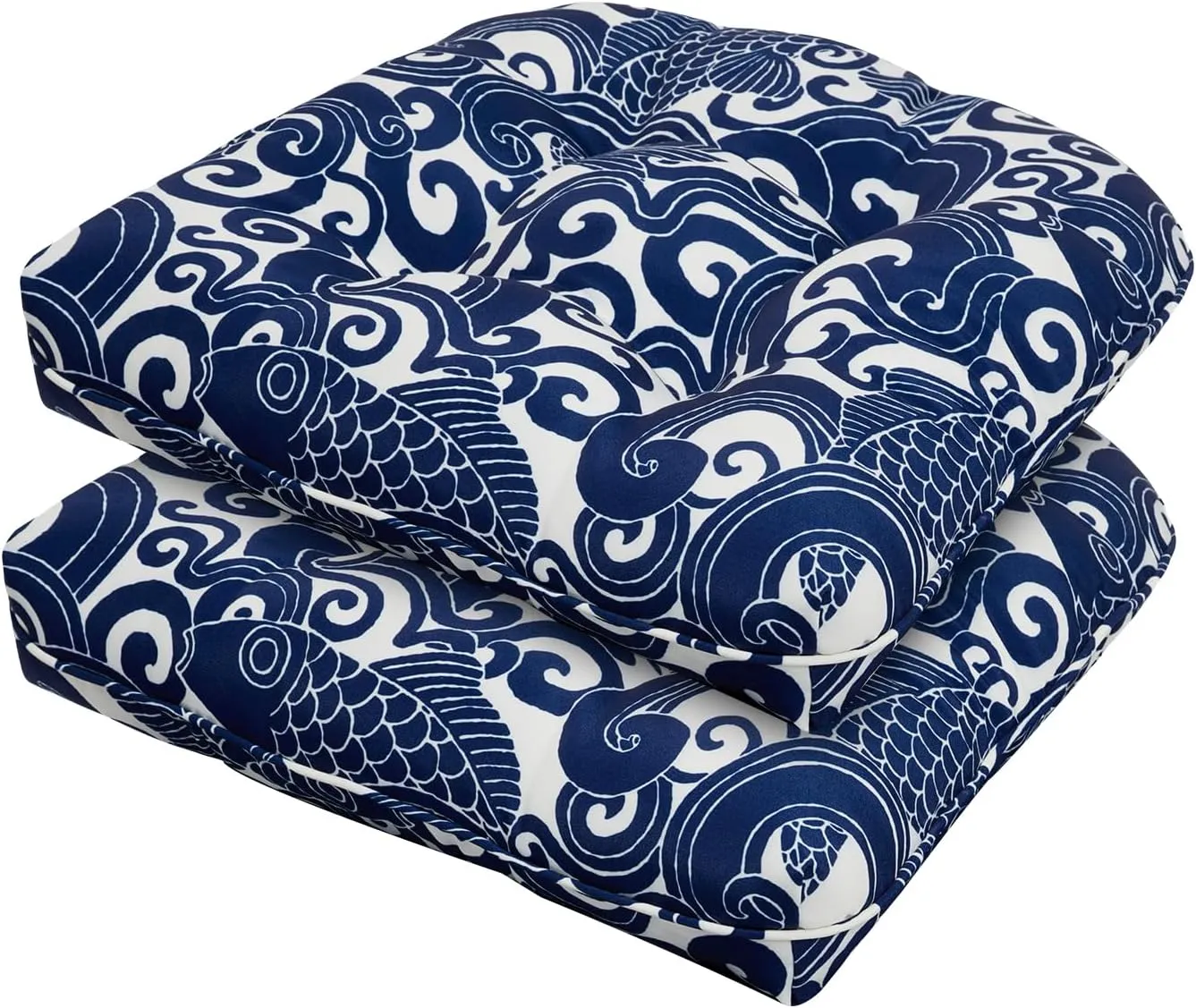 19x19 Outdoor Chair Cushions Set of 2, Wicker Patio Furniture Cushions with Tufted Buttons, Thick Outdoor Seat Cushions for Lawn Chairs, Overstuffed and Water Resistant, Blue Carp