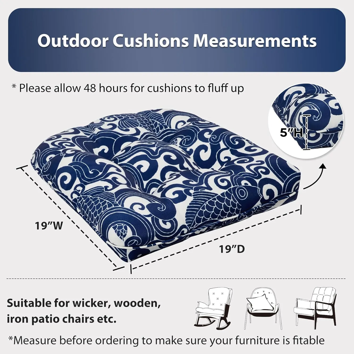 19x19 Outdoor Chair Cushions Set of 2, Wicker Patio Furniture Cushions with Tufted Buttons, Thick Outdoor Seat Cushions for Lawn Chairs, Overstuffed and Water Resistant, Blue Carp