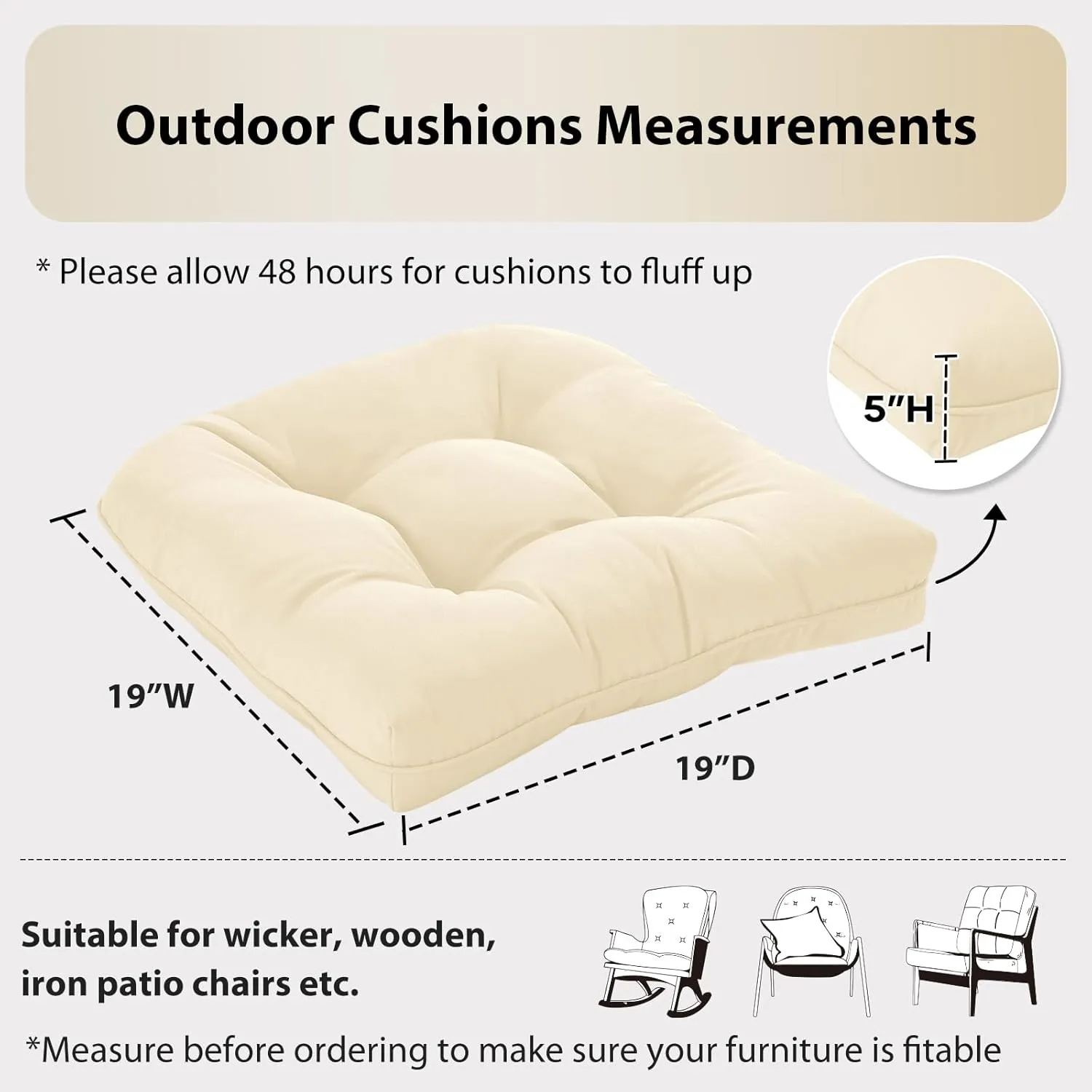 19x19 Outdoor Chair Cushions Set of 4, Wicker Patio Furniture Cushions with Tufted Buttons, Thick Outdoor Seat Cushions for Lawn Chairs, Overstuffed and Water Resistant, Beige