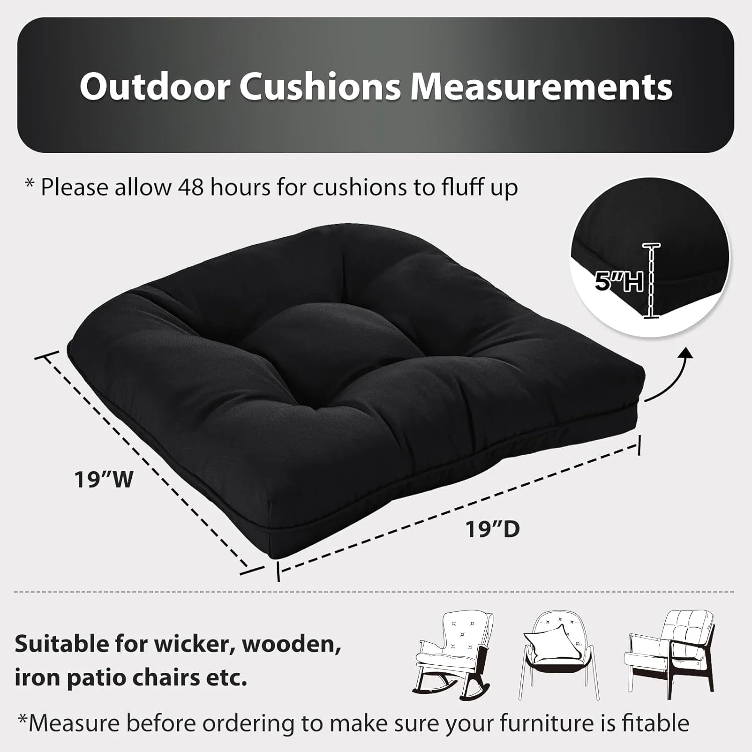 19x19 Outdoor Chair Cushions Set of 4, Wicker Patio Furniture Cushions with Tufted Buttons, Thick Outdoor Seat Cushions for Lawn Chairs, Overstuffed and Water Resistant, Black