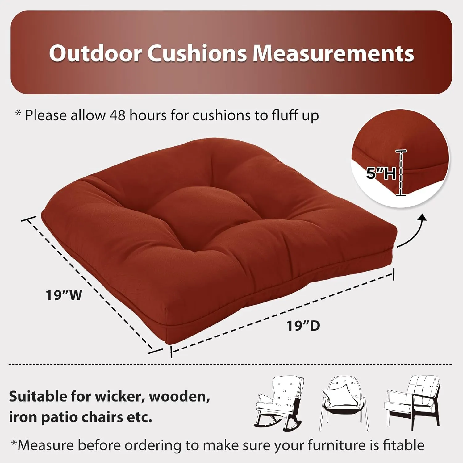 19x19 Outdoor Chair Cushions Set of 4, Wicker Patio Furniture Cushions with Tufted Buttons, Thick Outdoor Seat Cushions for Lawn Chairs, Overstuffed and Water Resistant, Brick Red