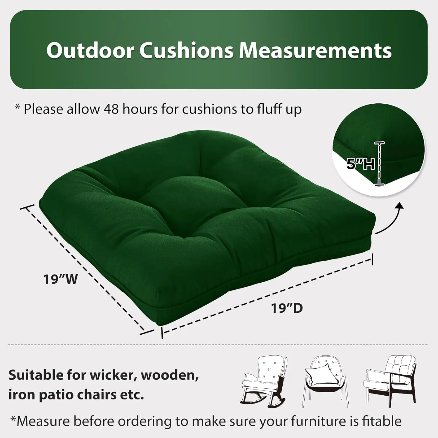 19x19 Outdoor Chair Cushions Set of 4, Wicker Patio Furniture Cushions with Tufted Buttons, Thick Outdoor Seat Cushions for Lawn Chairs, Overstuffed and Water Resistant, Green