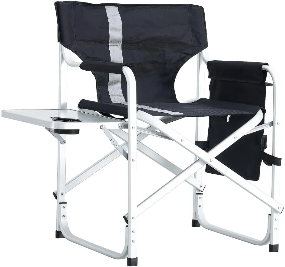 2-Piece Padded Folding Outdoor Chair with Side Table and Storage Pockets,Lightweight Oversized Directors Chair for Indoor, Outdoor Camping, Picnics and Fishing,Black/Grey