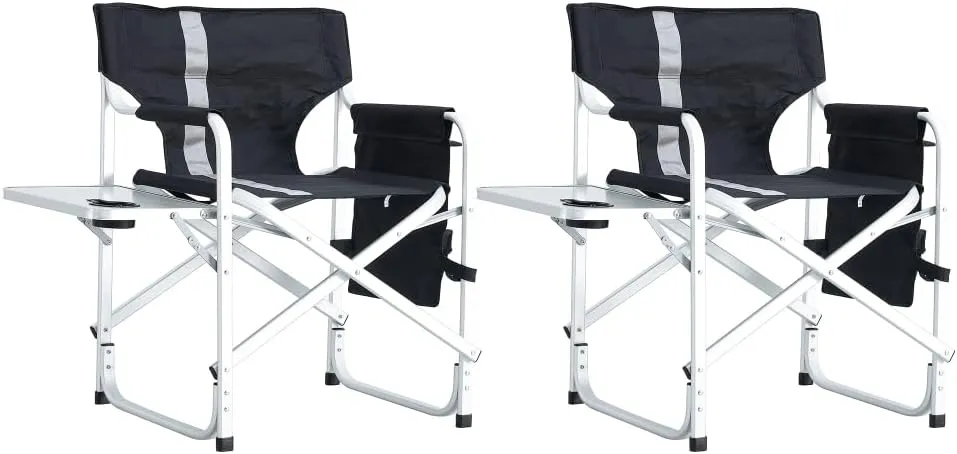 2-Piece Padded Folding Outdoor Chair with Side Table and Storage Pockets,Lightweight Oversized Directors Chair for Indoor, Outdoor Camping, Picnics and Fishing,Black/Grey