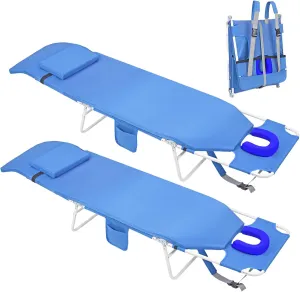 3 in 1 Women Comfort Backpack Tanning Beach Chair with Face Hole & Cushion | Portable Folding Lounge Chair for Adults Outside Reading Sunbathing Poolside | Reclining 6 Position | 2 Pack | Royal Blue