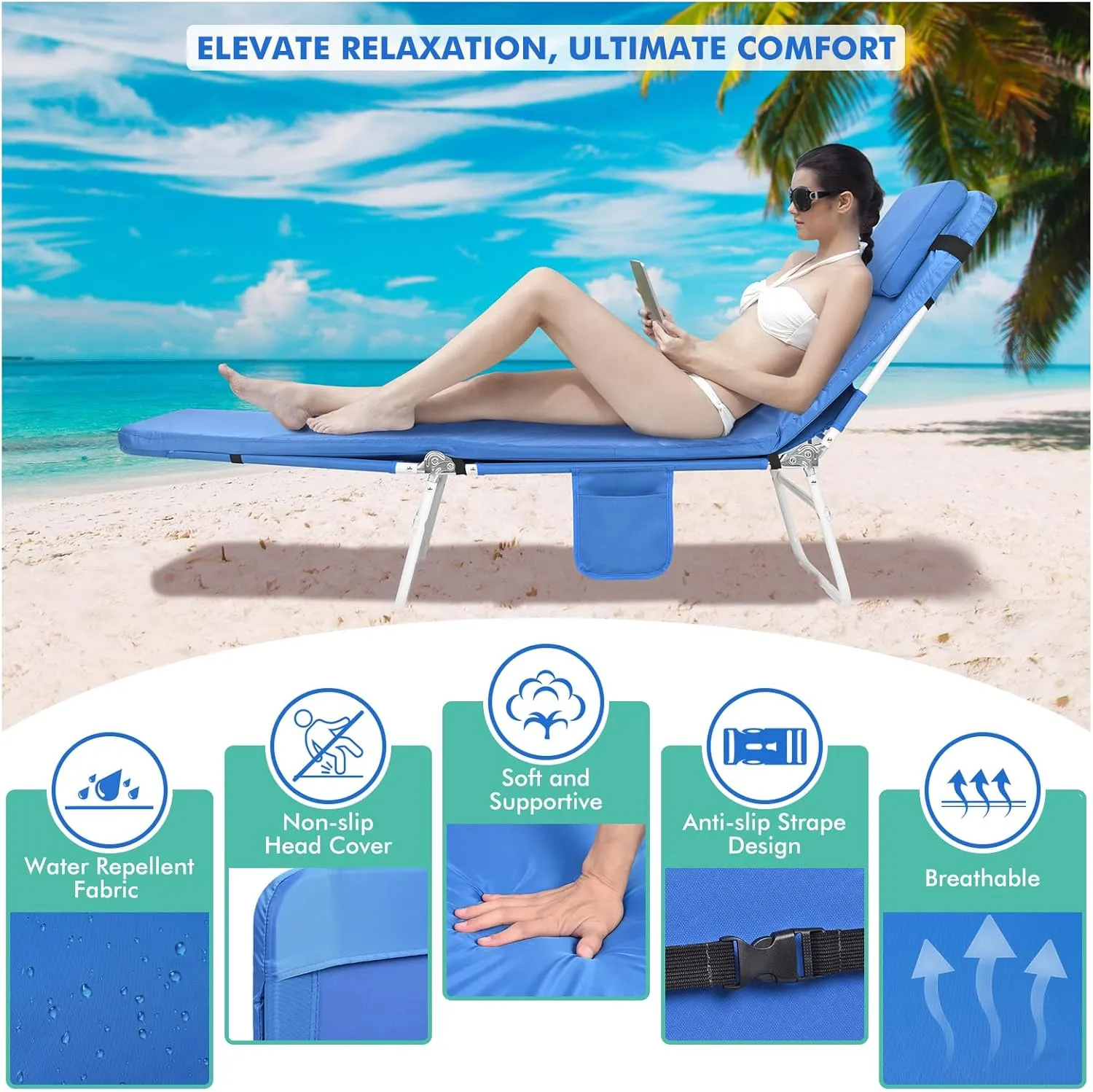 3 in 1 Women Comfort Backpack Tanning Beach Chair with Face Hole & Cushion | Portable Folding Lounge Chair for Adults Outside Reading Sunbathing Poolside | Reclining 6 Position | 2 Pack | Royal Blue