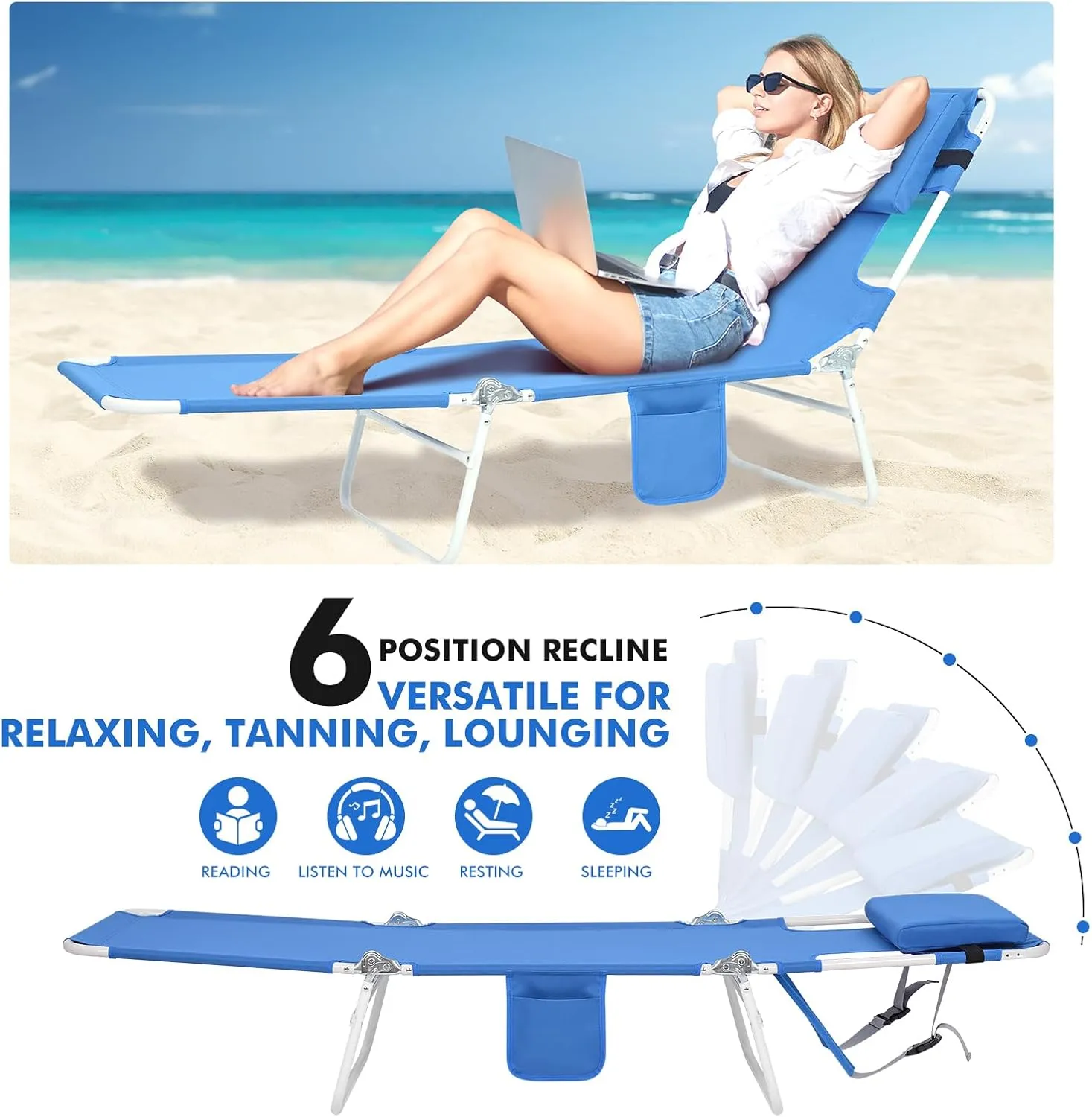 3 in 1 Women Comfort Backpack Tanning Beach Chair with Face Hole & Cushion | Portable Folding Lounge Chair for Adults Outside Reading Sunbathing Poolside | Reclining 6 Position | 2 Pack | Royal Blue