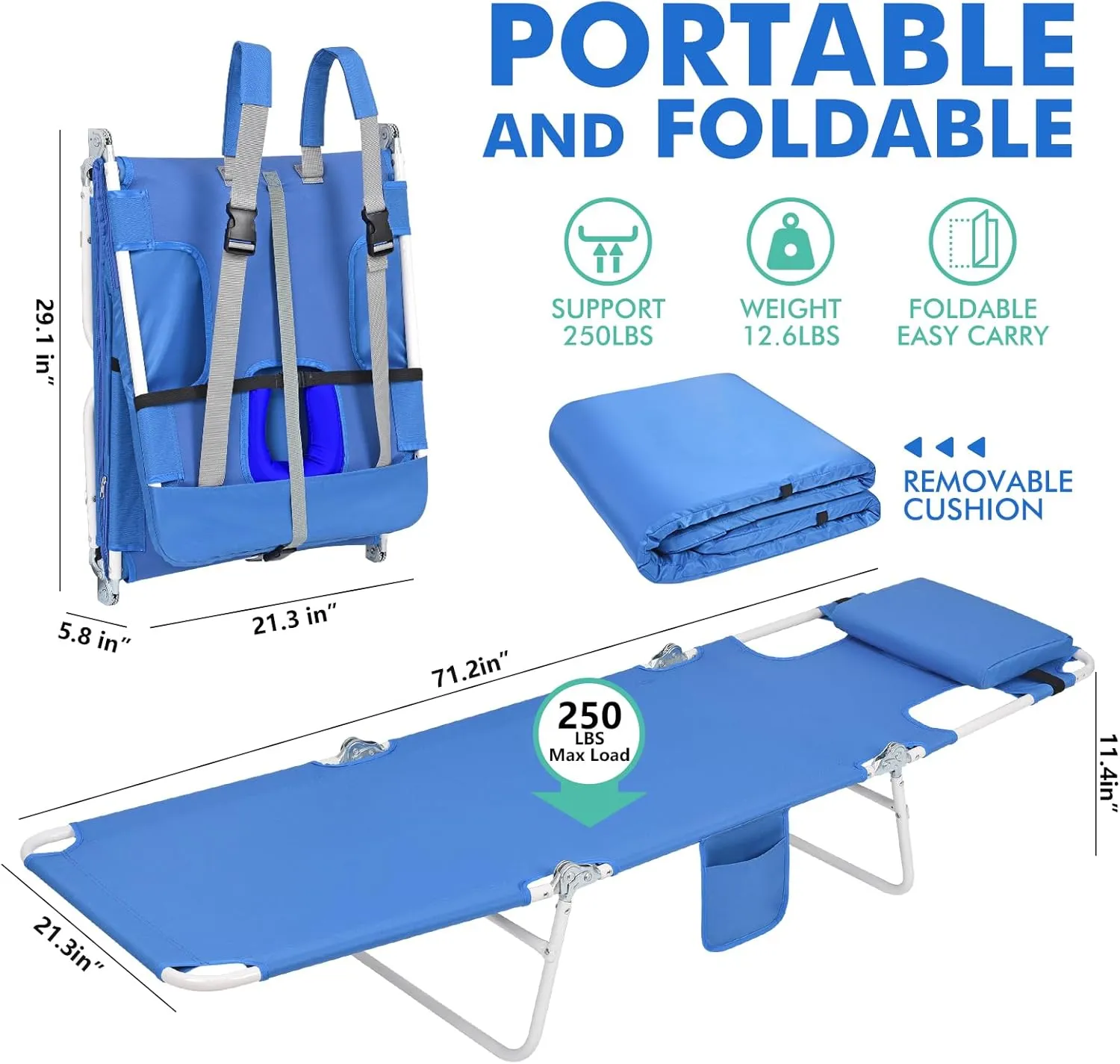3 in 1 Women Comfort Backpack Tanning Beach Chair with Face Hole & Cushion | Portable Folding Lounge Chair for Adults Outside Reading Sunbathing Poolside | Reclining 6 Position | 2 Pack | Royal Blue