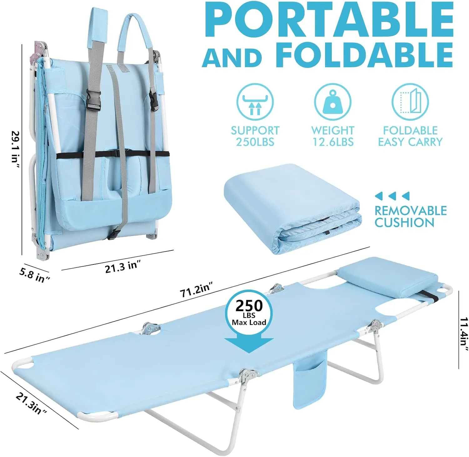 3 in 1 Women Comfort Backpack Tanning Beach Chair with Face Hole & Cushion | Portable Folding Lounge Sun Chair for Adults Outside Reading Sunbathing Poolside | Reclining 6 Position | 2 Pack | Blue