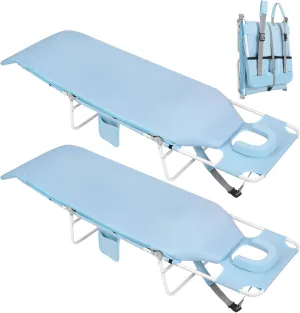 3 in 1 Women Comfort Backpack Tanning Beach Chair with Face Hole & Cushion | Portable Folding Lounge Sun Chair for Adults Outside Reading Sunbathing Poolside | Reclining 6 Position | 2 Pack | Blue