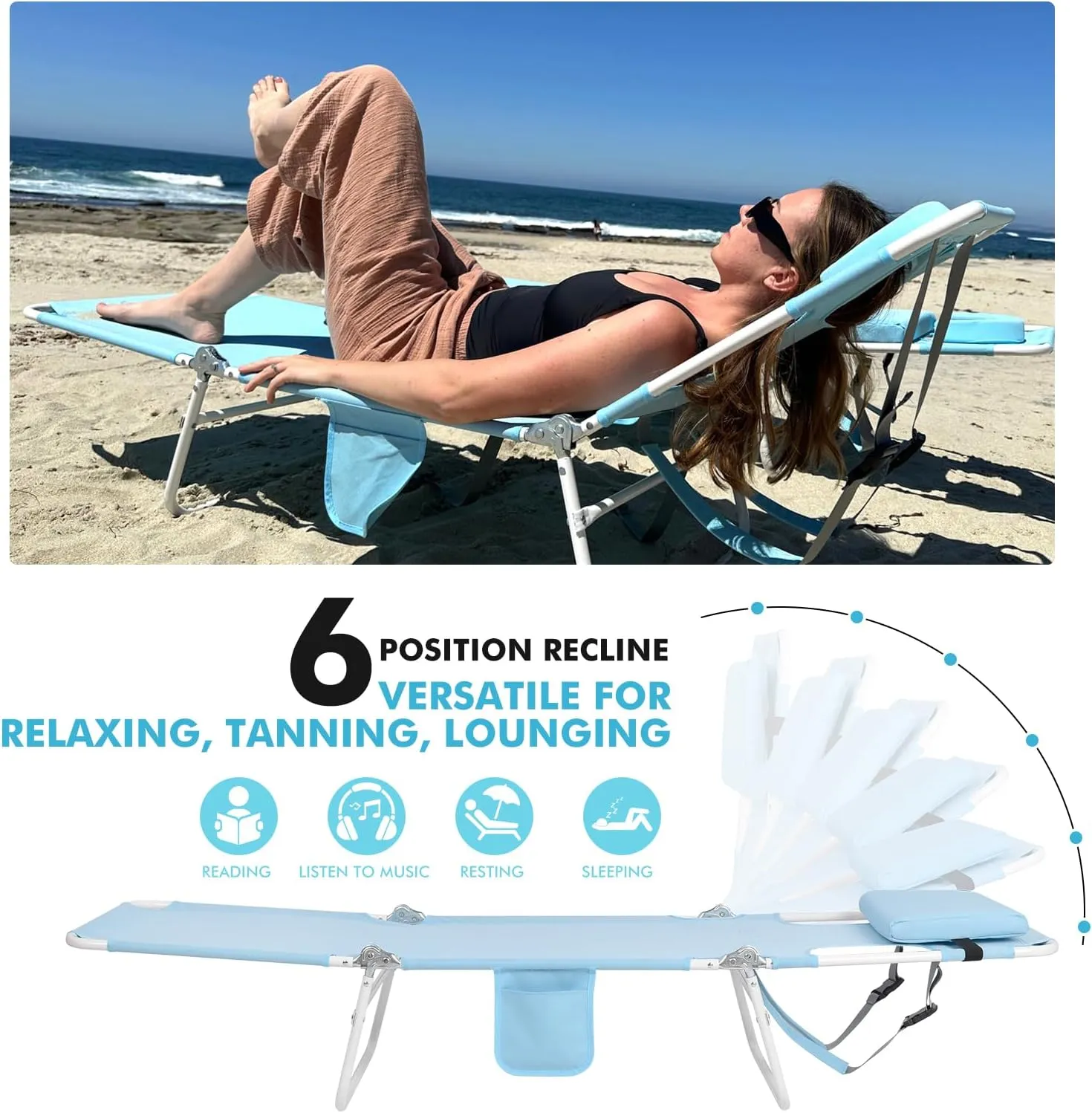 3 in 1 Women Comfort Backpack Tanning Beach Chair with Face Hole & Cushion | Portable Folding Lounge Sun Chair for Adults Outside Reading Sunbathing Poolside | Reclining 6 Position | 2 Pack | Blue
