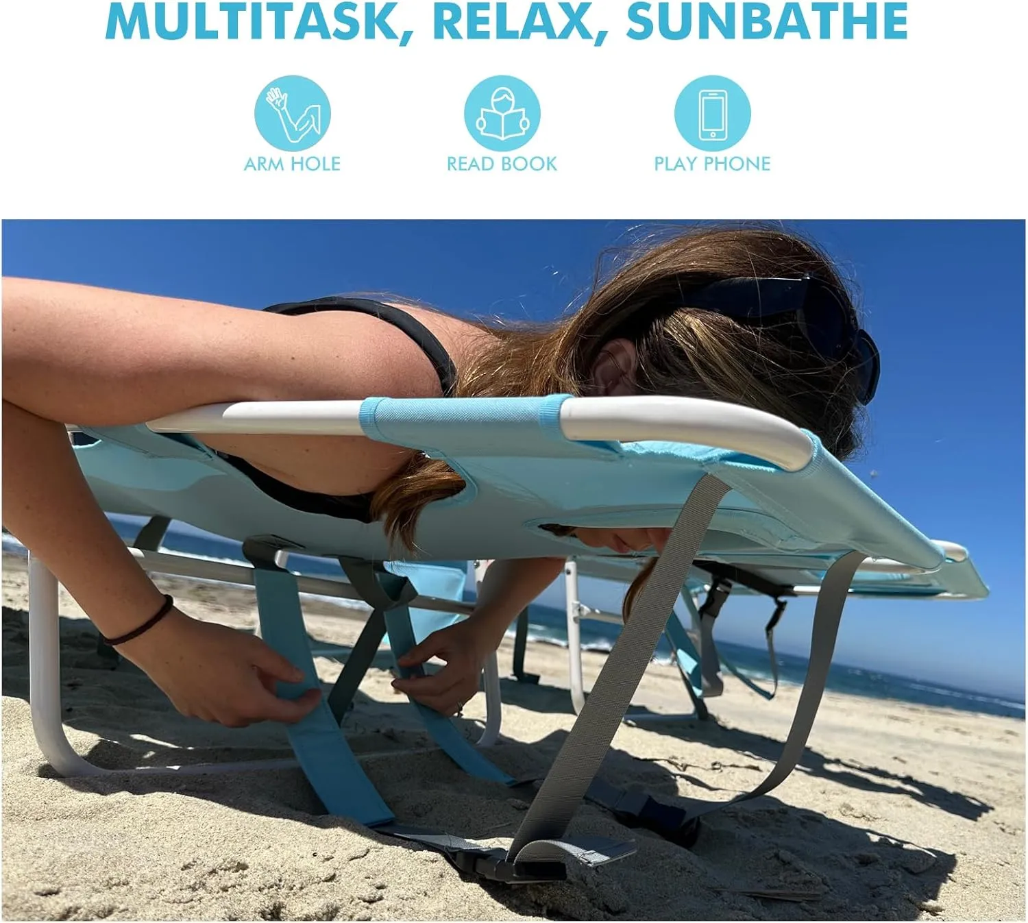 3 in 1 Women Comfort Backpack Tanning Beach Chair with Face Hole & Cushion | Portable Folding Lounge Sun Chair for Adults Outside Reading Sunbathing Poolside | Reclining 6 Position | 2 Pack | Blue
