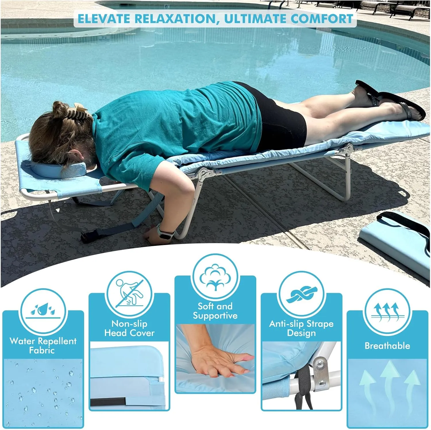 3 in 1 Women Comfort Backpack Tanning Beach Chair with Face Hole & Cushion | Portable Folding Lounge Sun Chair for Adults Outside Reading Sunbathing Poolside | Reclining 6 Position | 2 Pack | Blue