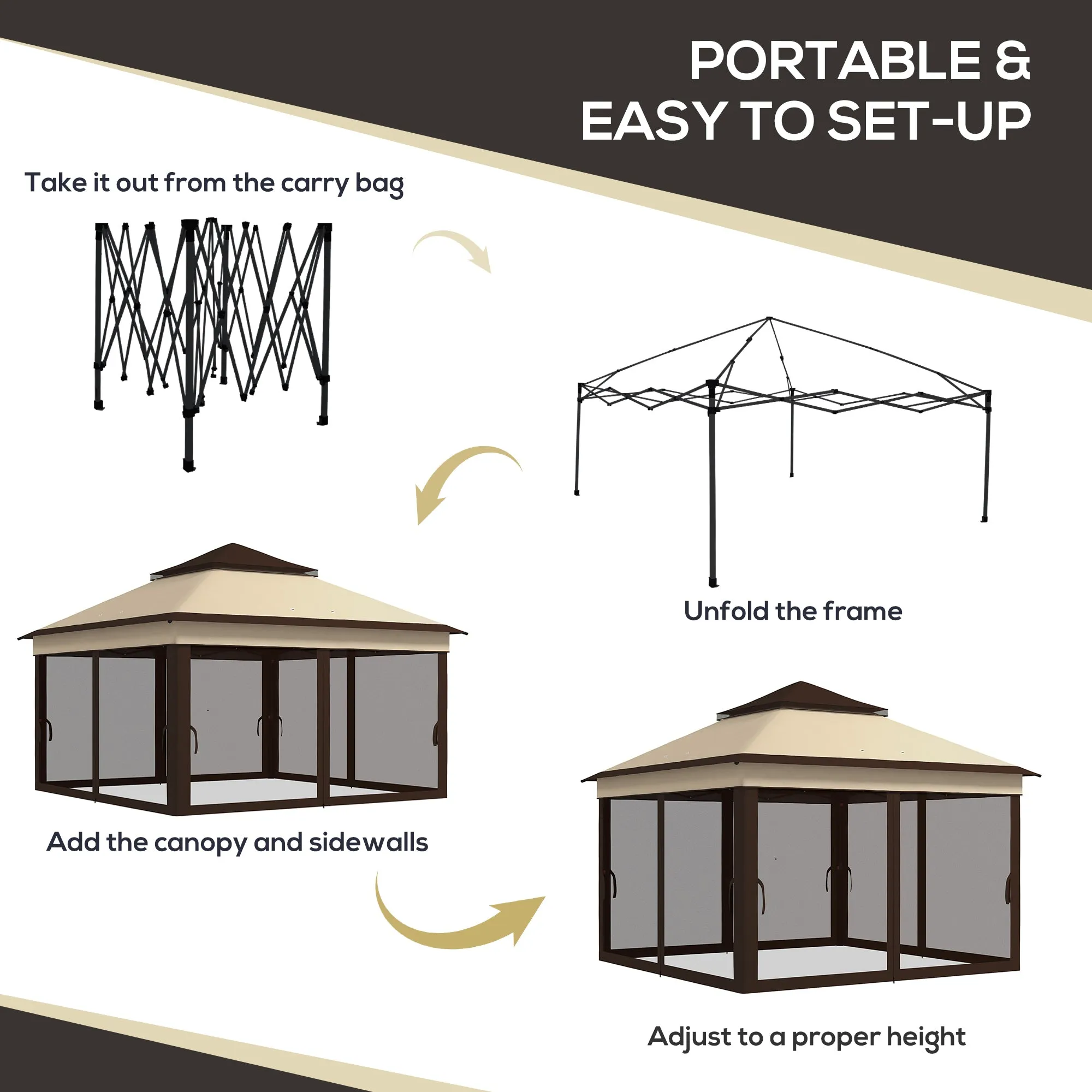 3 x 3(m) Pop Up Gazebo with Netting and Carrying Bag, Party Tent Instant Event Shelter, Height Adjustable and UV-Resistant, for Garden, Patio, Beige