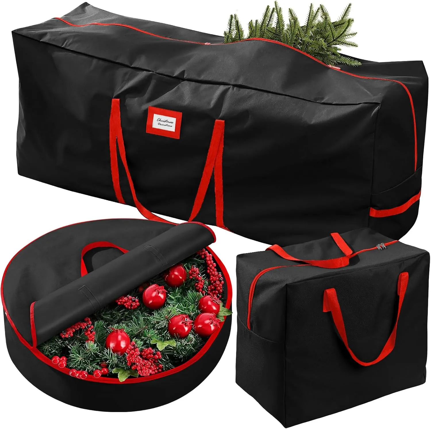 3Pcs Christmas Tree Storage Bag, Christmas Tree Bag for 7.5 FT Artificial Trees, Durable Waterproof With Reinforced Carrying Handles (Red) (Black)