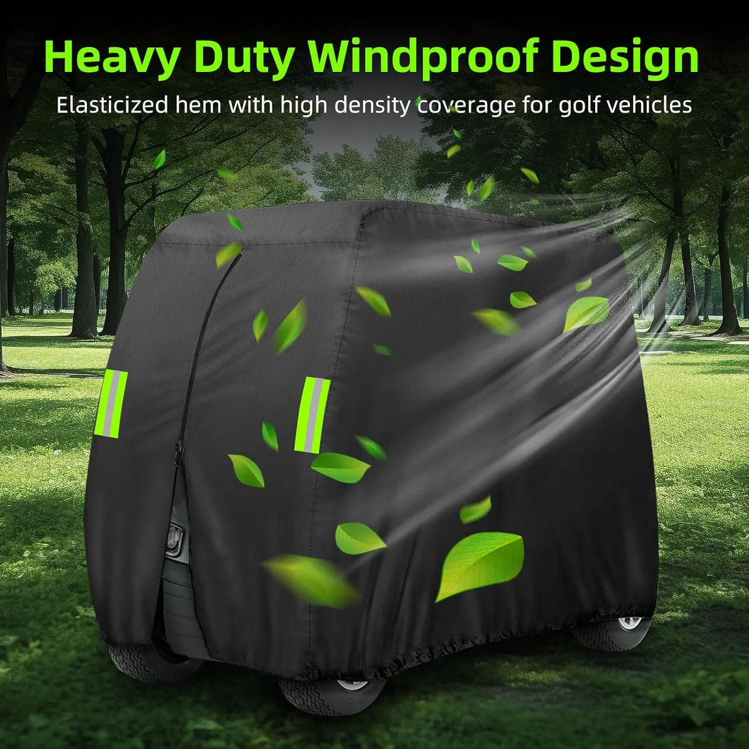 4 Passenger Golf Cart Cover Fits EZGO, Club Car, Yamaha,Waterproof, Windproof Sunproof, Outdoor All-weather Polyester Full Cover with 4 Reflective Strips (Black, Fit for 2 2/4 Passenger Cart)