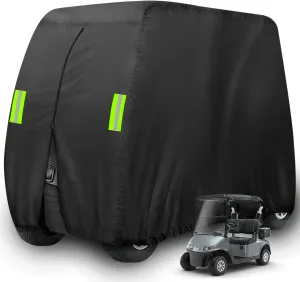 4 Passenger Golf Cart Cover Fits EZGO, Club Car, Yamaha,Waterproof, Windproof Sunproof, Outdoor All-weather Polyester Full Cover with 4 Reflective Strips (Black, Fit for 2 2/4 Passenger Cart)