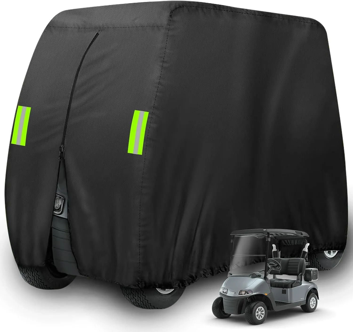 4 Passenger Golf Cart Cover Fits EZGO, Club Car, Yamaha,Waterproof, Windproof Sunproof, Outdoor All-weather Polyester Full Cover with 4 Reflective Strips (Black, Fit for 2 2/4 Passenger Cart)