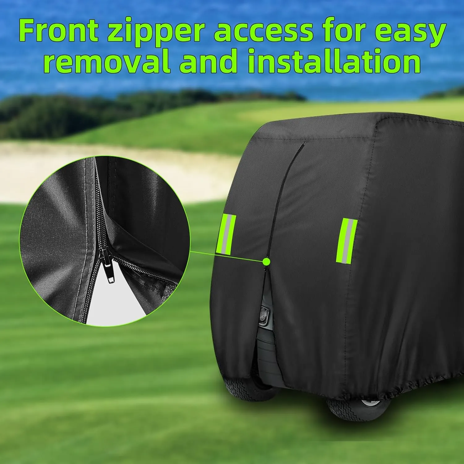 4 Passenger Golf Cart Cover Fits EZGO, Club Car, Yamaha,Waterproof, Windproof Sunproof, Outdoor All-weather Polyester Full Cover with 4 Reflective Strips (Black, Fit for 2 2/4 Passenger Cart)