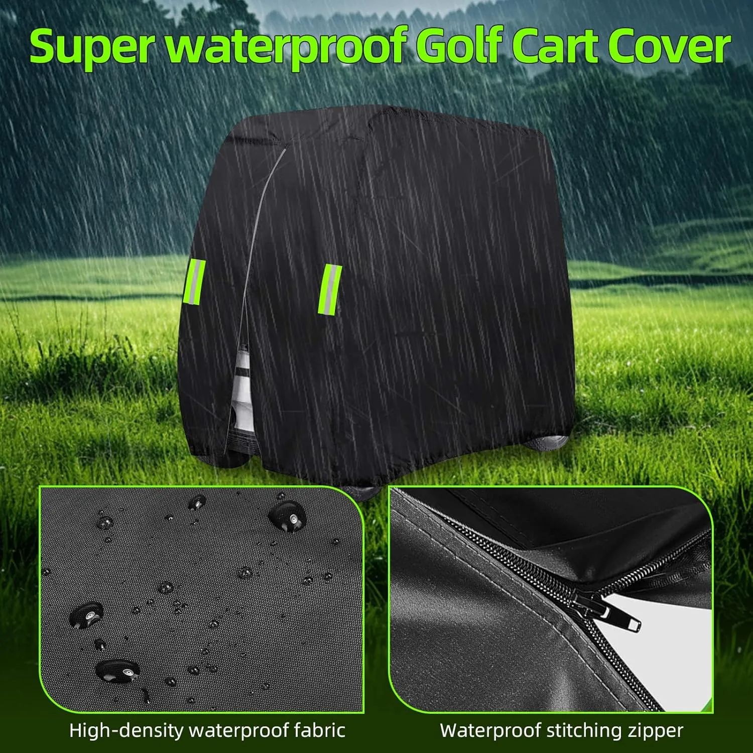 4 Passenger Golf Cart Cover Fits EZGO, Club Car, Yamaha,Waterproof, Windproof Sunproof, Outdoor All-weather Polyester Full Cover with 4 Reflective Strips (Black, Fit for 2 2/4 Passenger Cart)