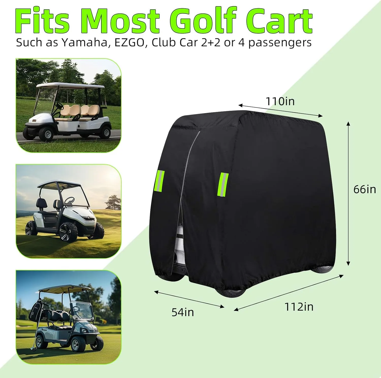 4 Passenger Golf Cart Cover Fits EZGO, Club Car, Yamaha,Waterproof, Windproof Sunproof, Outdoor All-weather Polyester Full Cover with 4 Reflective Strips (Black, Fit for 2 2/4 Passenger Cart)