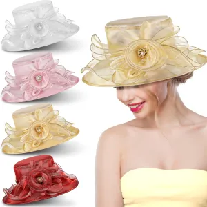 4 Pcs Derby Hats Women Organza Church Fascinator Bridal Flower Hat Wide Brim White Church Hat for Derby Day Wedding Tea Cocktail Party Sun, Beige Red White Pink