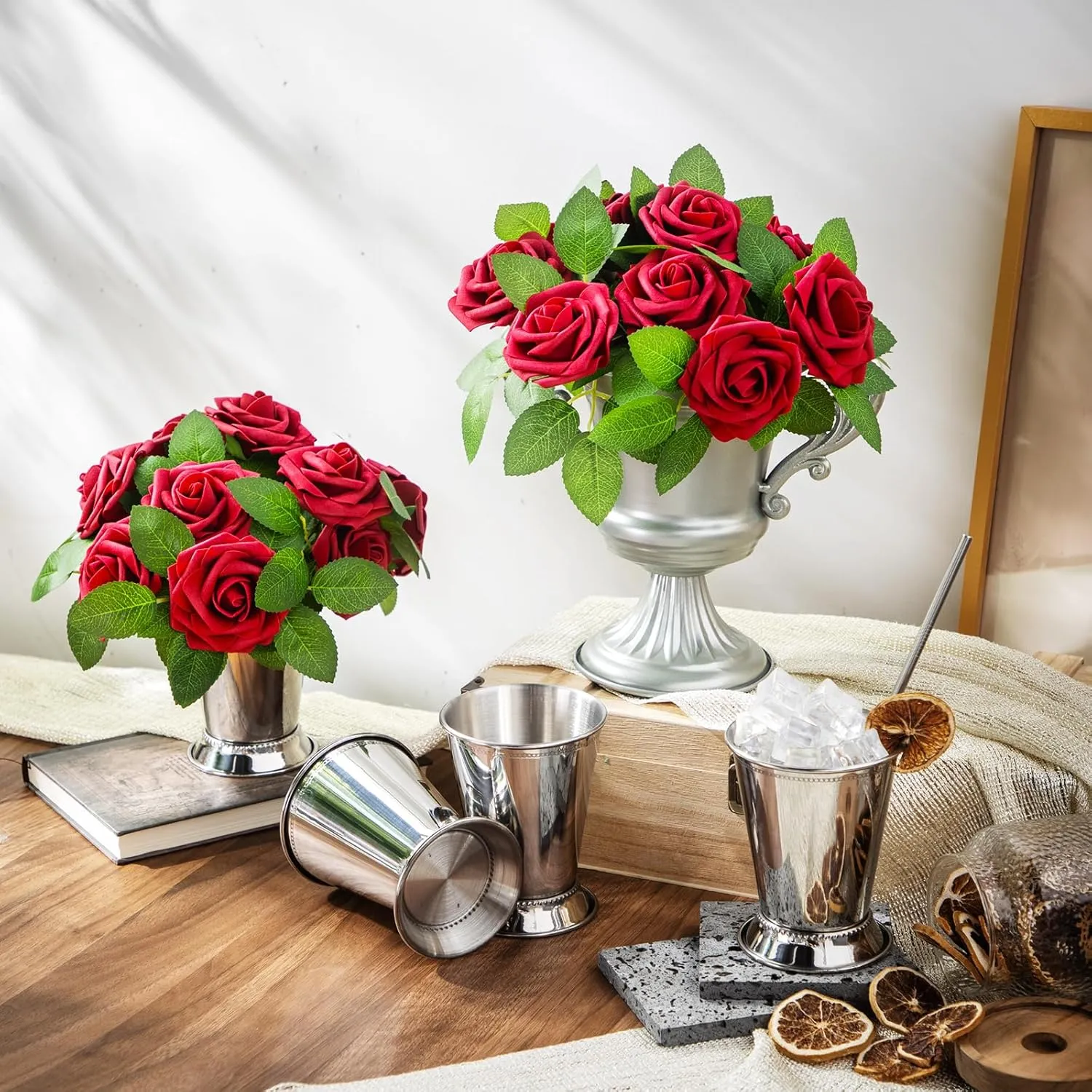 4 Pcs Horse Racing Derby Party Mint Julep Cups with 1 Trophy Flower Urn, Stainless Steel Glasses 12 oz Metal Cocktail Glasses with Compote Vase for Centerpieces for Home Bar(Silver)