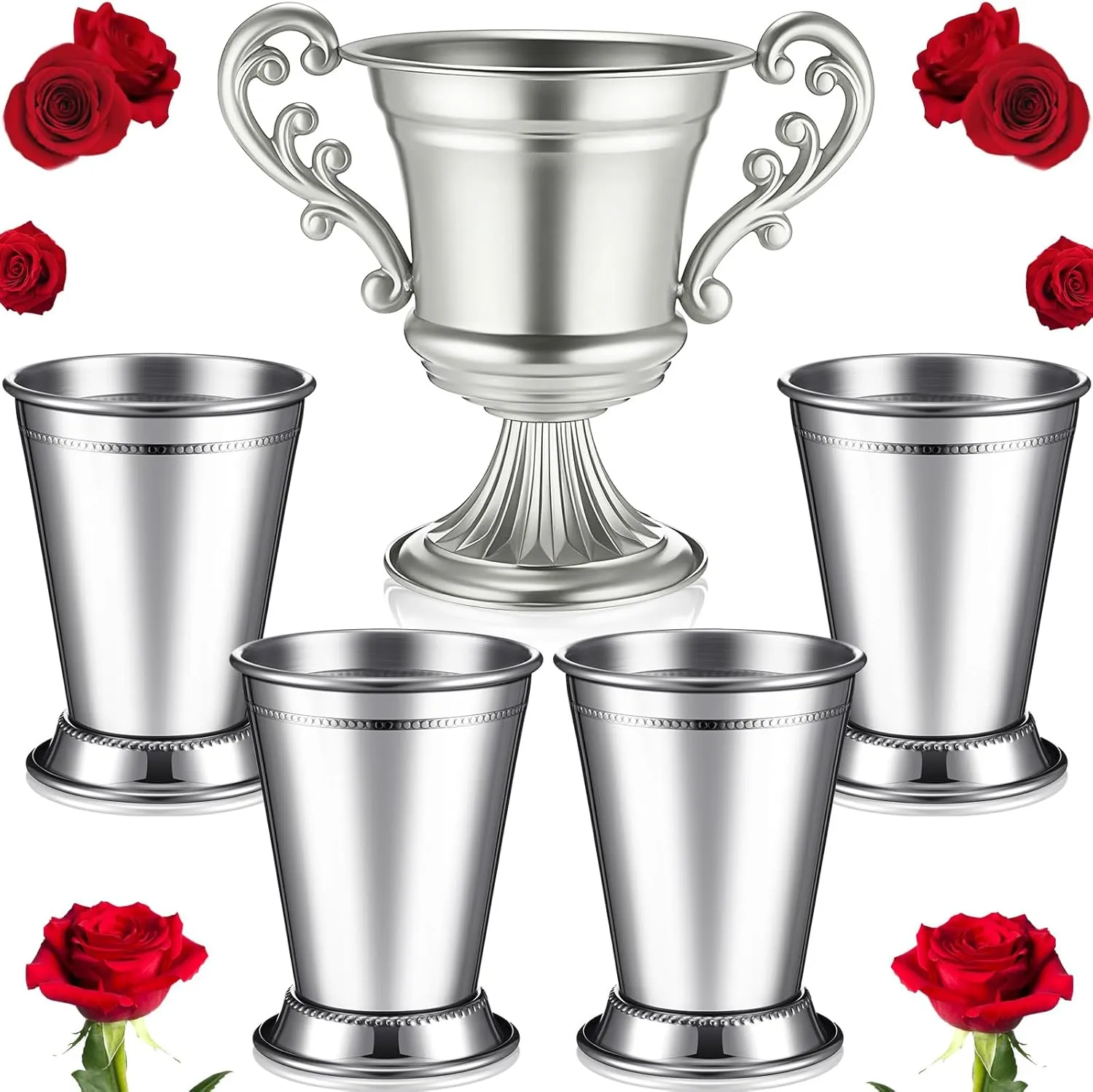 4 Pcs Horse Racing Derby Party Mint Julep Cups with 1 Trophy Flower Urn, Stainless Steel Glasses 12 oz Metal Cocktail Glasses with Compote Vase for Centerpieces for Home Bar(Silver)