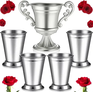 4 Pcs Horse Racing Derby Party Mint Julep Cups with 1 Trophy Flower Urn, Stainless Steel Glasses 12 oz Metal Cocktail Glasses with Compote Vase for Centerpieces for Home Bar(Silver)