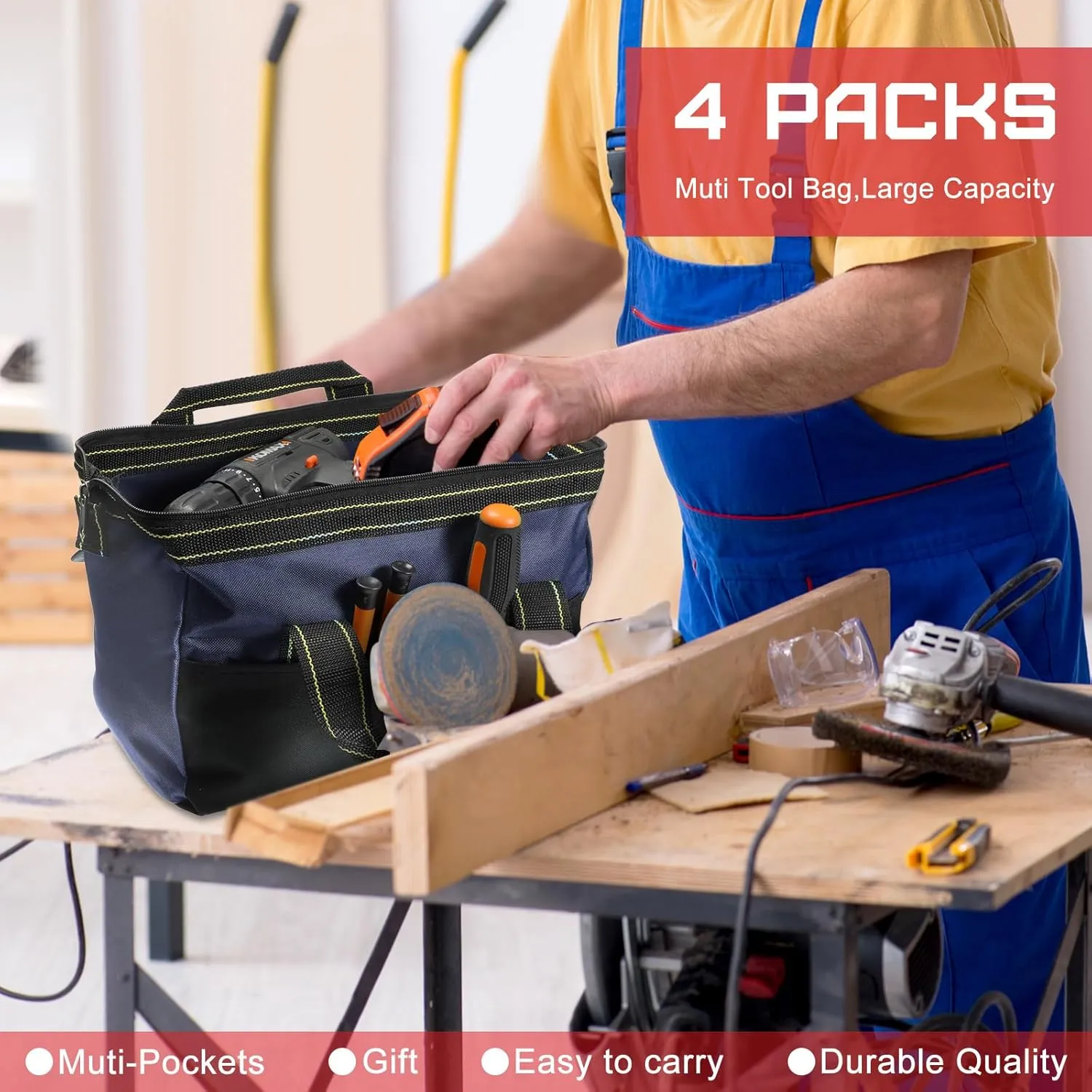 4 Pieces Tool Bag with Waterproof Strong Molded Base Multi Pockets Wide Mouth Tool Tote Multifunctional Tool Bag Large Capacity Organizer Heavy Duty Tool Storage Bag (Blue,13 Inch)