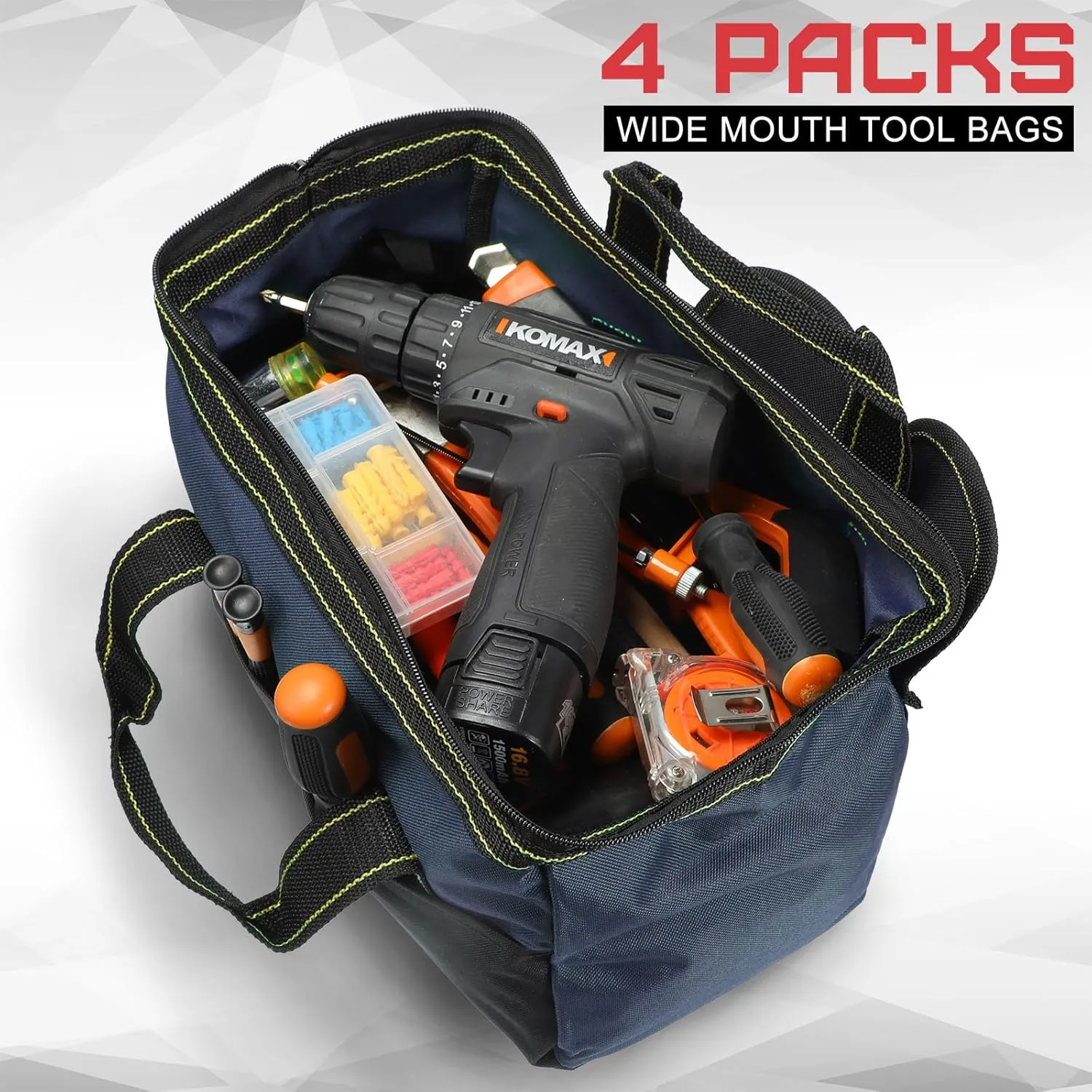 4 Pieces Tool Bag with Waterproof Strong Molded Base Multi Pockets Wide Mouth Tool Tote Multifunctional Tool Bag Large Capacity Organizer Heavy Duty Tool Storage Bag (Blue,13 Inch)