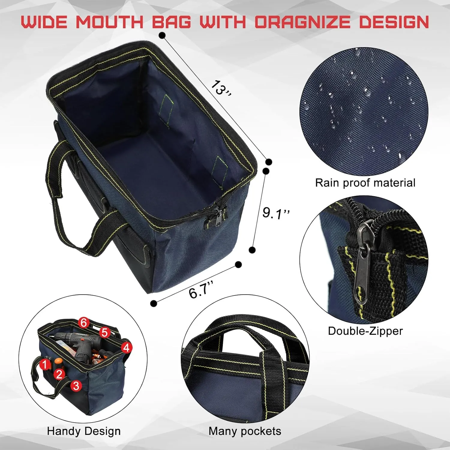 4 Pieces Tool Bag with Waterproof Strong Molded Base Multi Pockets Wide Mouth Tool Tote Multifunctional Tool Bag Large Capacity Organizer Heavy Duty Tool Storage Bag (Blue,13 Inch)