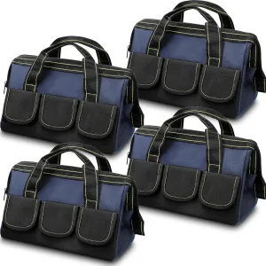 4 Pieces Tool Bag with Waterproof Strong Molded Base Multi Pockets Wide Mouth Tool Tote Multifunctional Tool Bag Large Capacity Organizer Heavy Duty Tool Storage Bag (Blue,13 Inch)