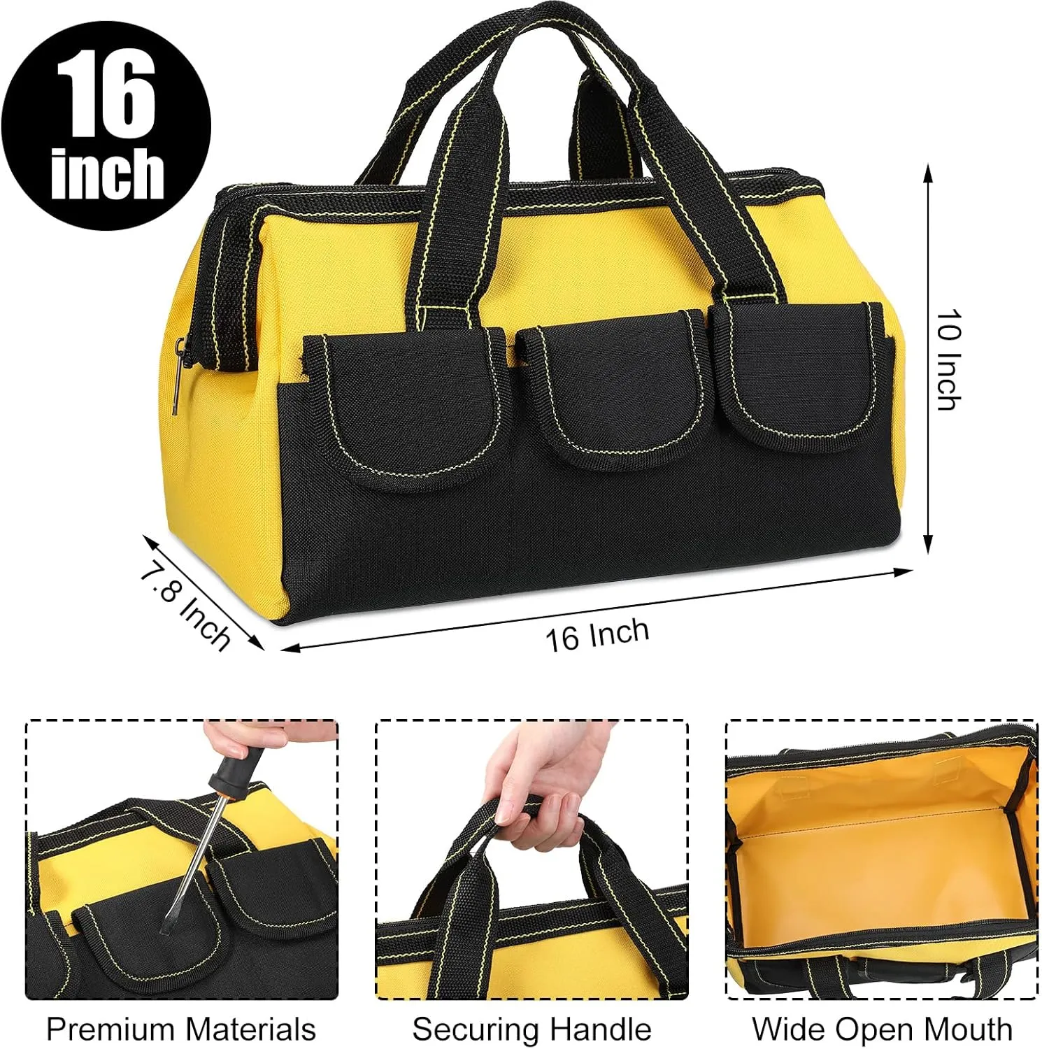 4 Pieces Tool Bag with Waterproof Strong Molded Base Multi Pockets Wide Mouth Tool Tote Multifunctional Tool Bag Large Capacity Organizer Heavy Duty Tool Storage Bag (Multicolor,16 Inch)