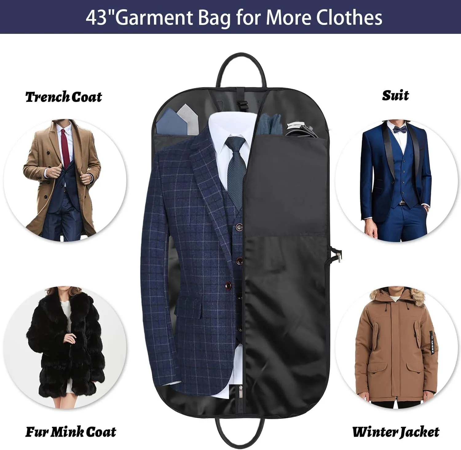 43" Suit Bags for Men Travel, Travel Garment Bag Carry on, Durable Thick Oxford Fabric Suit Carrier with 5 Zipper Pockets and 2 Carry Handles mens garment bag for suits