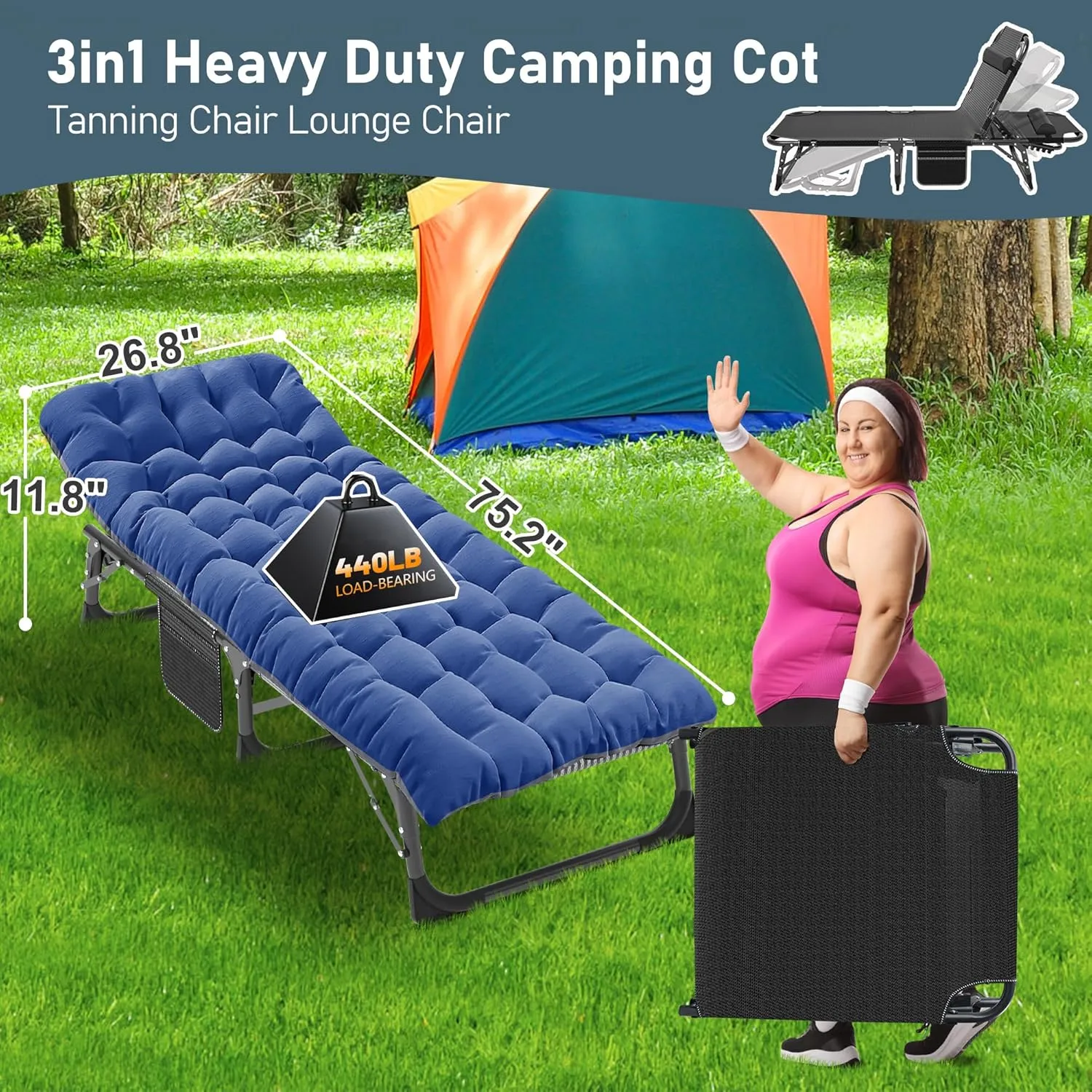 ABORON 3-in-1 Patio Lounge Chair, Folding Heavy Duty Chaise with 500LB Load Capacity, Adjustable Portable Chair for Home, Garden, Beach, Office, Camping & Relaxation