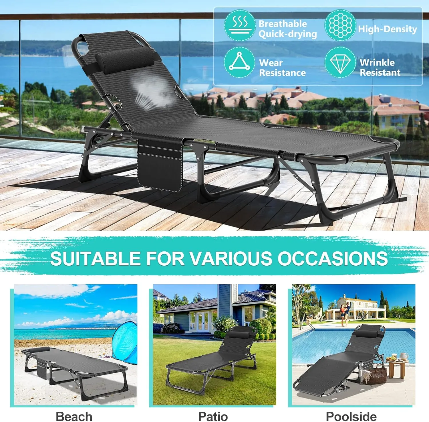 ABORON 3-in-1 Patio Lounge Chair, Folding Heavy Duty Chaise with 500LB Load Capacity, Adjustable Portable Chair for Home, Garden, Beach, Office, Camping & Relaxation