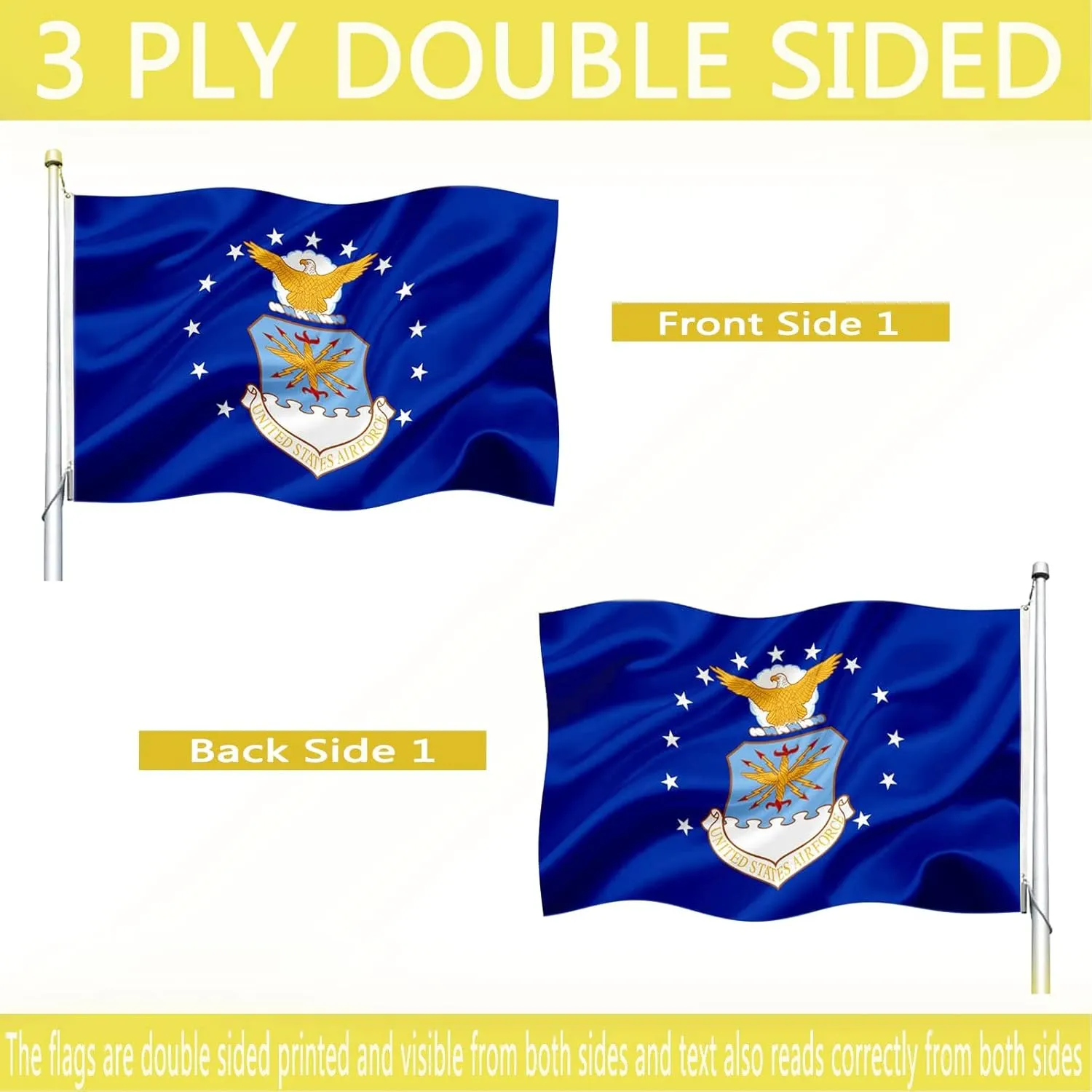 Air Force Flag Double Sided 3x5 Outdoor- Heavy Duty US Air Force Military USA Flags -United State AirForce Flags Banner with 2 Brass Grommets 4 Rows Stitched