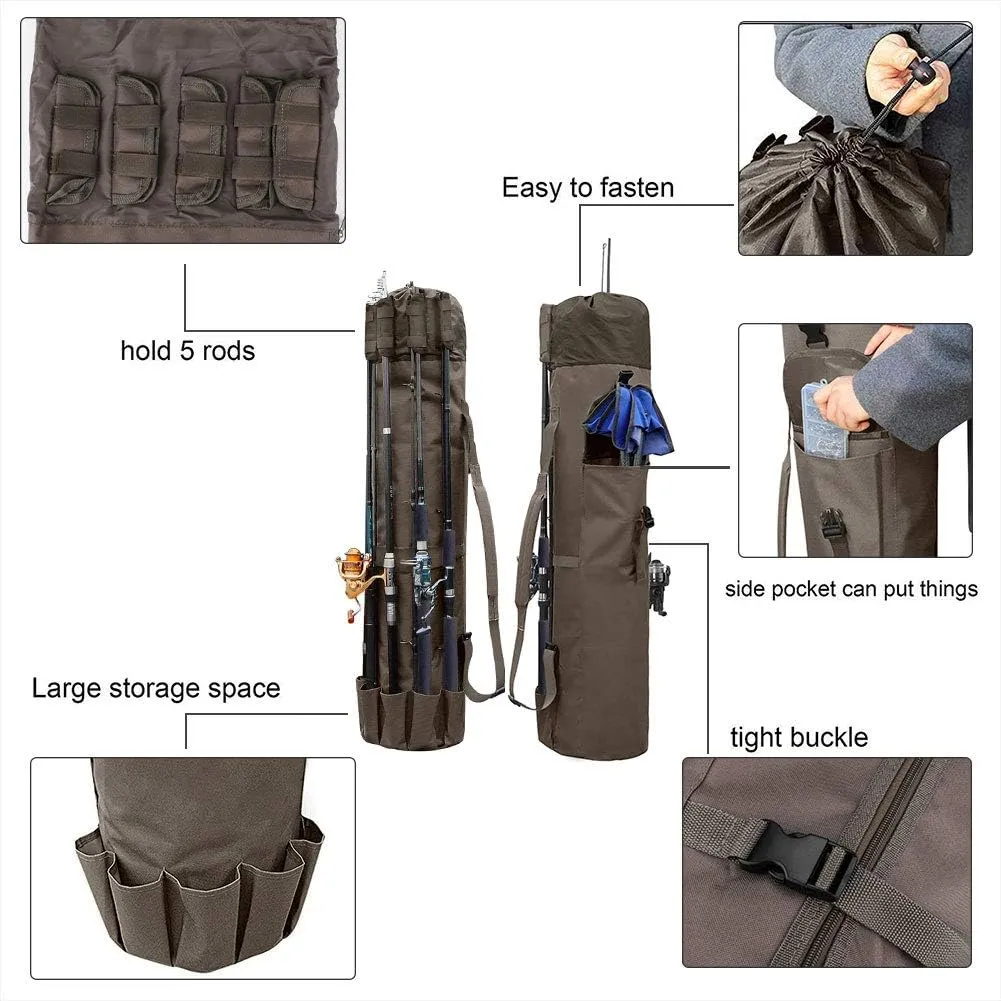 Allnice Durable Canvas Fishing Rod & Reel Organizer Bag Travel Carry Case Bag- Holds 5 Poles & Tackle