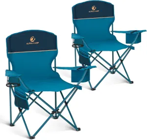 ALPHA CAMP Camping Chair 2 Pack Portable Chair with 3-Can Cooler Folding Chair with Side Pocket and Cup Holder, Collapsible for Camping, Tailgates, Beach, Fishing and Sports,2PC