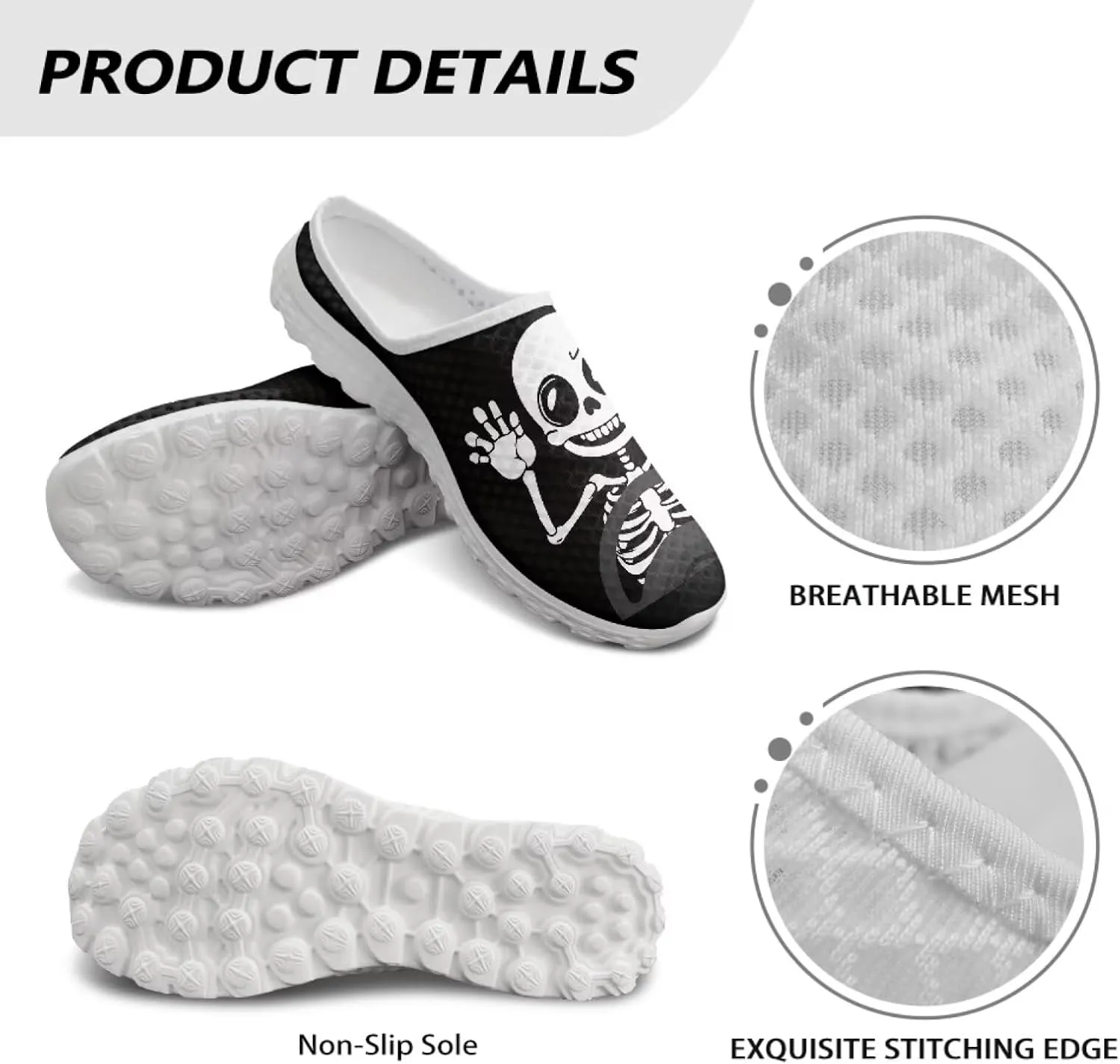 Art Skull Design Women Mesh Mules Memory Foam Flat Anti-Slip Fashion Sneakers Comfortable Slip-On Mule Garden Shoes