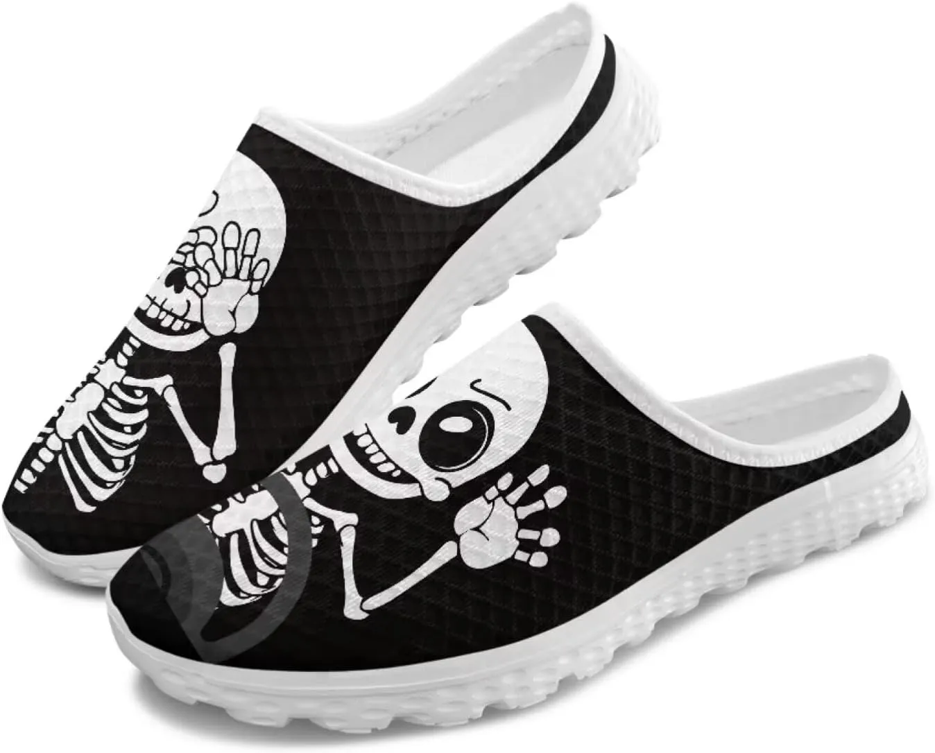 Art Skull Design Women Mesh Mules Memory Foam Flat Anti-Slip Fashion Sneakers Comfortable Slip-On Mule Garden Shoes