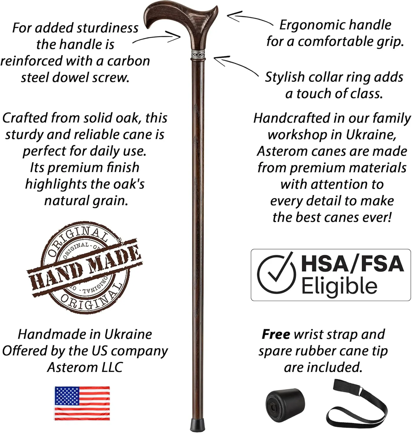 Asterom Walking Cane - Handmade, Ergonomic, Wooden - Canes for Men & Women - Walking Sticks for Seniors, Unique, Wood - FSA/HSA Eligible